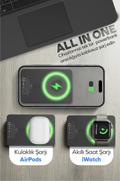 Woyax All In Magsafe Powerbank 10.000mAh 20W Hızlı Taşınabilir Şarj Cihazı Saat Kulaklık iPhone Android — detay