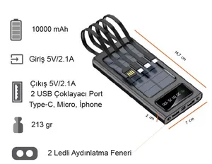ED258 10000 mAh Güneş Enerjili (Dahili Kablolu) Powerbank