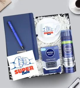 Mavi Defter & Kalem & Baba Tasarım Fincan & Nivea Balsam & Tıraş Köpüğü Hediye Seti