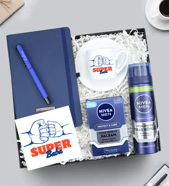 Mavi Defter & Kalem & Baba Tasarım Fincan & Nivea Balsam & Tıraş Köpüğü Hediye Seti