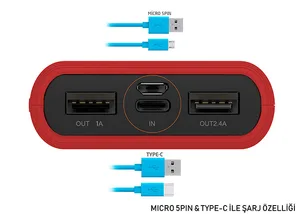 ED286  S-link IP-S110 10000mAh 2*Usb Port+Micro+Type C Powerbank Kırmızı Taşınabilir Pil Şarj Cihazı