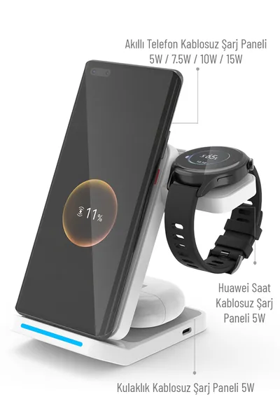 Woyax Wireless Kablosuz Şarj Standı Katlanabilir Huawei Watch iPhone Android Telefon Saat Kulaklık Uyumlu — detay