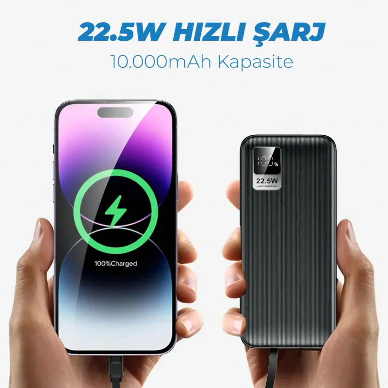 Dahili Type-C ve iPhone Kablolu 10000mAh Powerbank 22.5W Hızlı Led Ekranlı Taşınabilir Şarj Cihazı — detay
