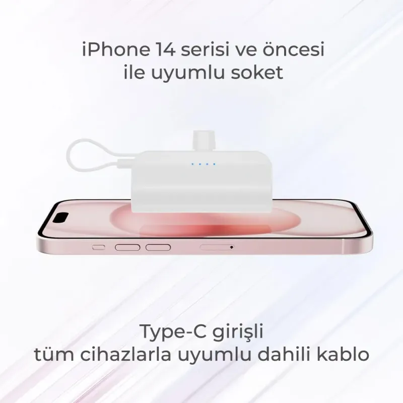 iPhone Lightning Soketli Mini Powerbank 5000mAh Type-C Dahili Kablolu Taşınabilir Şarj Cihazı Beyaz — detay