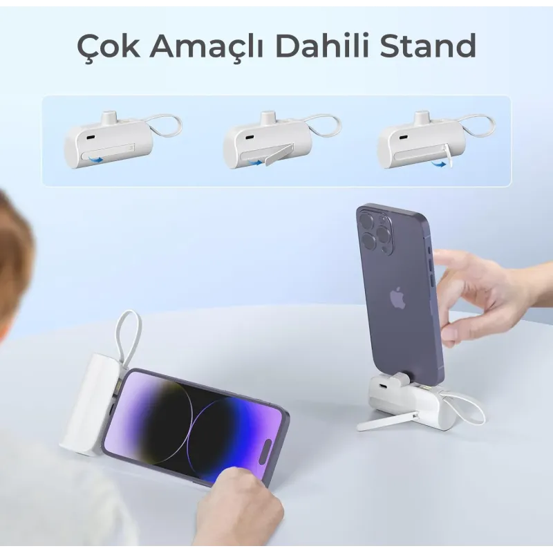 Type-C Soketli Mini Powerbank 5000mAh 2 Type-C Port Dahili Kablolu Taşınabilir Şarj Cihazı Beyaz — detay