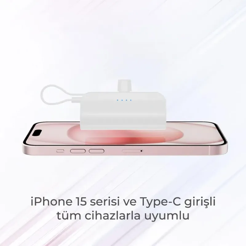 Type-C Soketli Mini Powerbank 5000mAh 2 Type-C Port Dahili Kablolu Taşınabilir Şarj Cihazı Beyaz