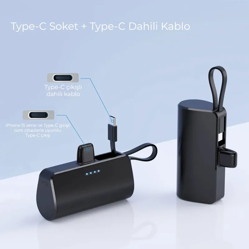 Type-C Soketli Mini Powerbank 5000mAh 2 Type-C Port Dahili Kablolu Taşınabilir Şarj Cihazı Siyah — detay