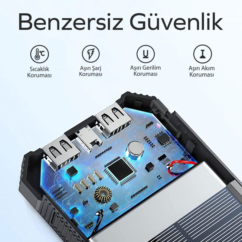 Woyax Güneş Enerjili Solar Powerbank 10000mah Led Işıklı Taşınabilir Batarya Şarj Cihazı Siyah