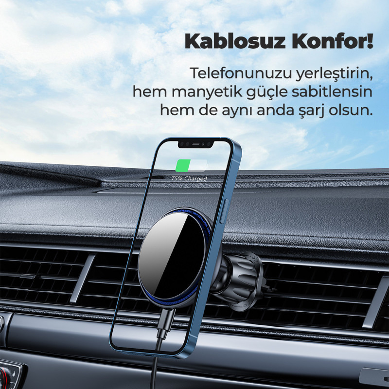 Woyax MagSafe Mıknatıslı Kablosuz Soğutmalı Şarjlı ProMag Araç İçi Telefon Tutucu Araba Telefon Tutacağı iPhone/Android — detay